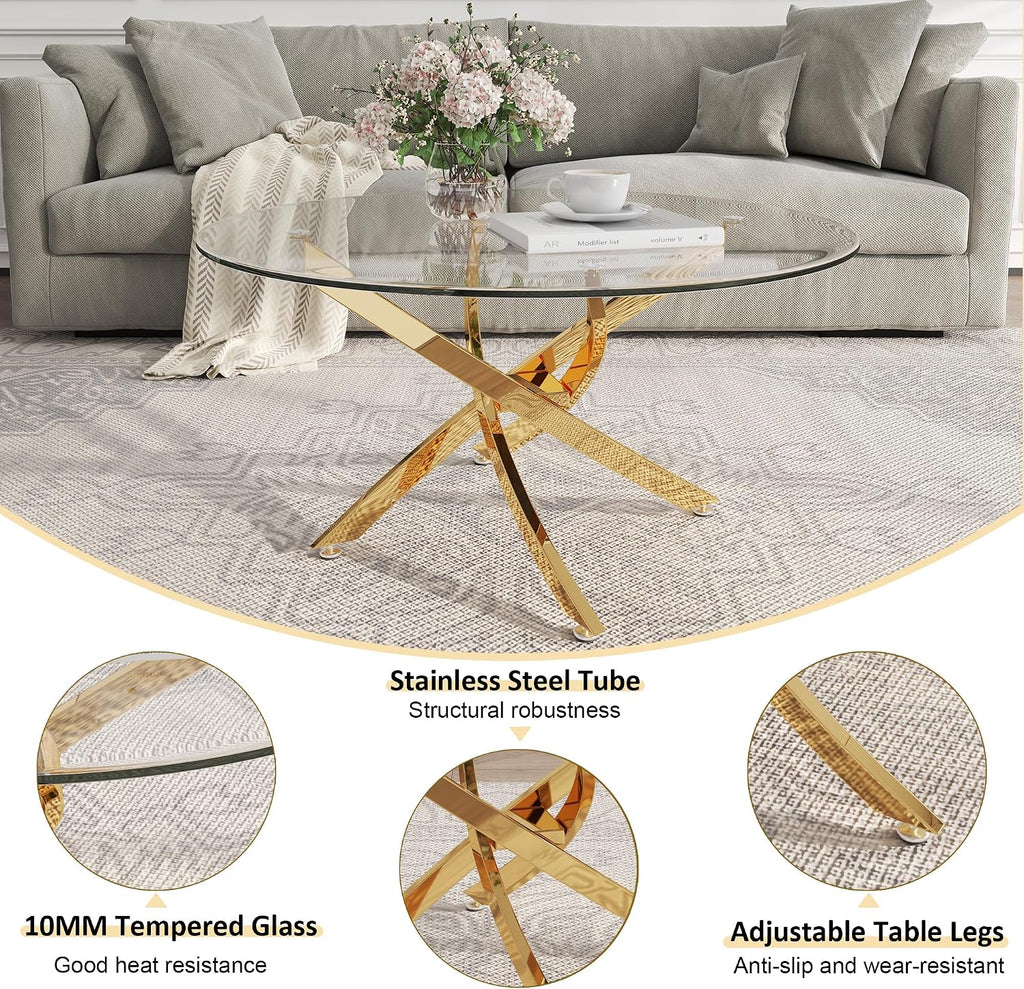 35.4" Gold Round Glass Coffee Table