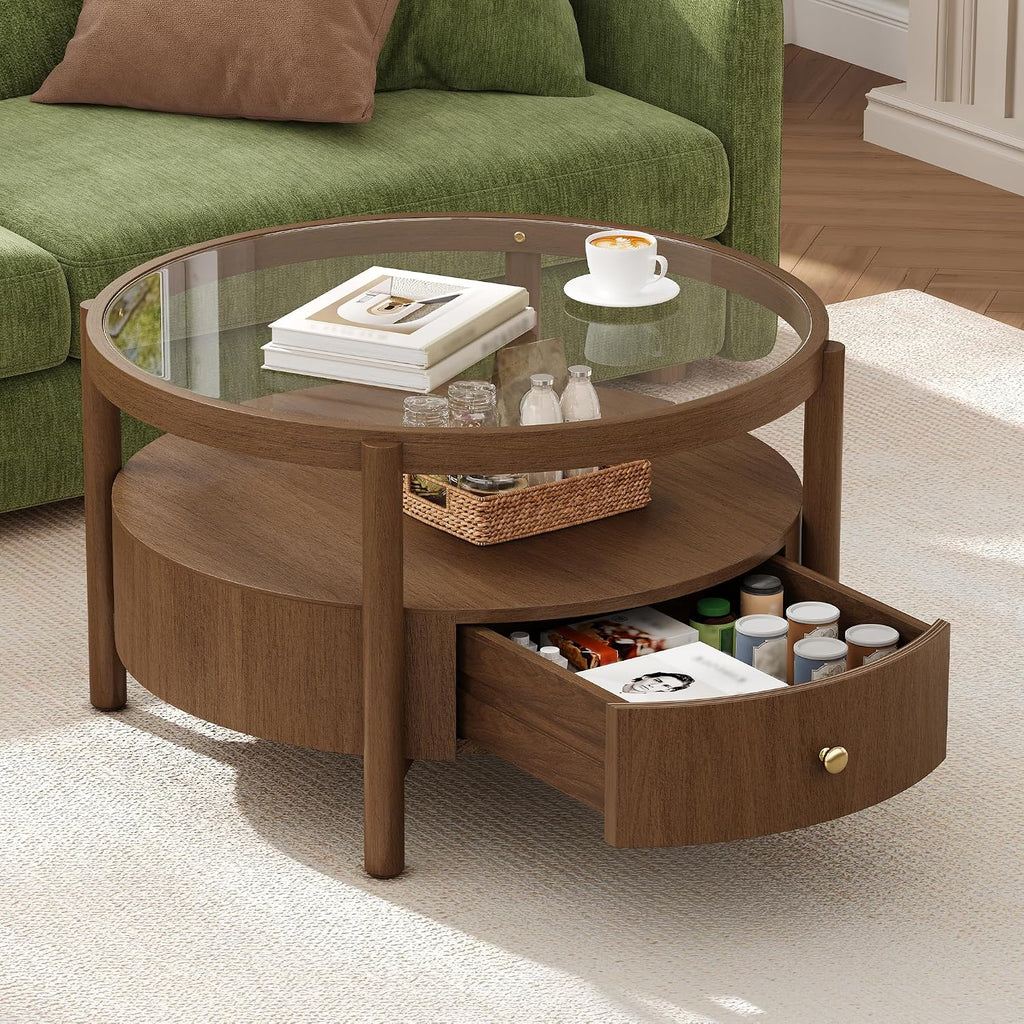29.5" Walnut 2‑Tier Round Coffee Table