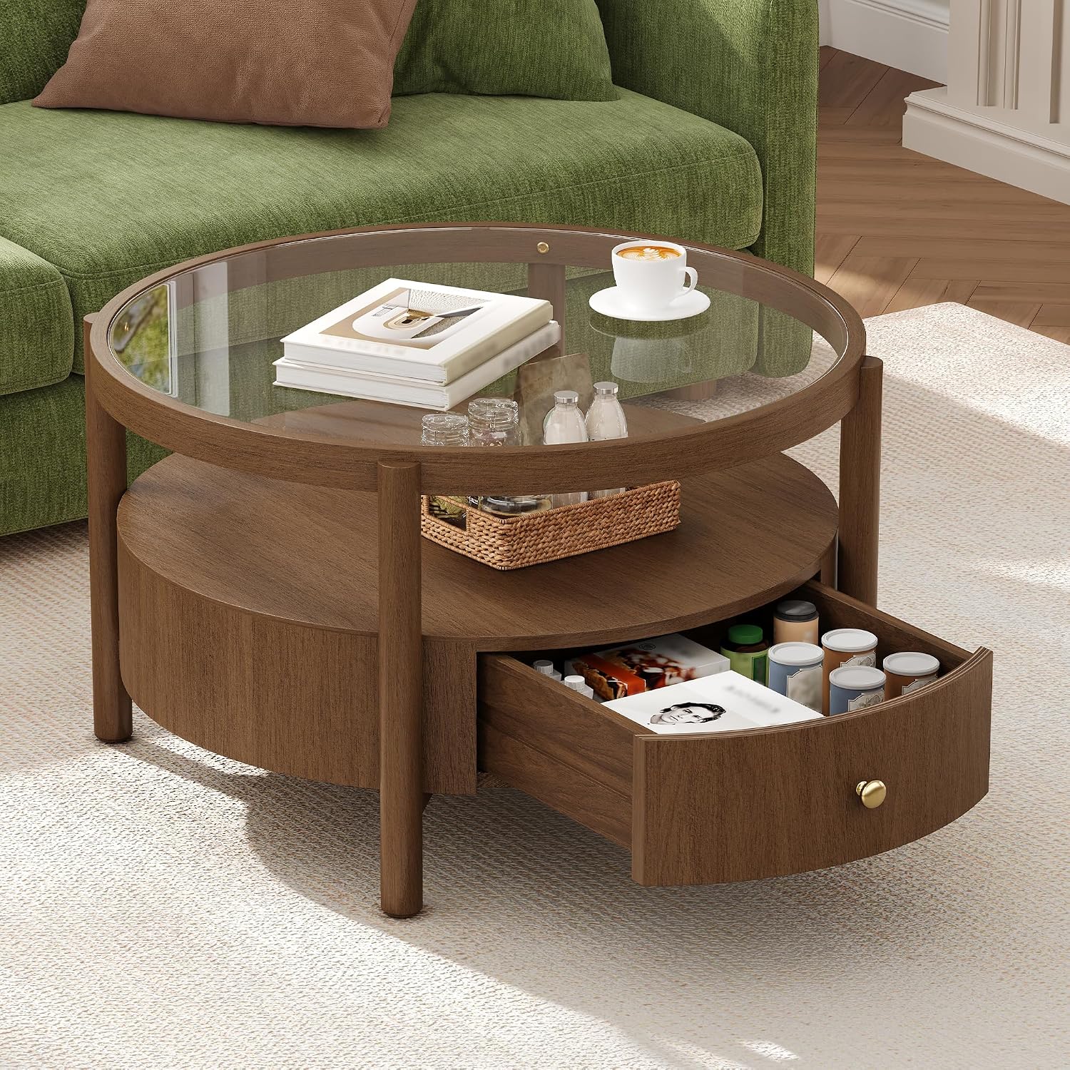 29.5" Walnut 2‑Tier Round Coffee Table