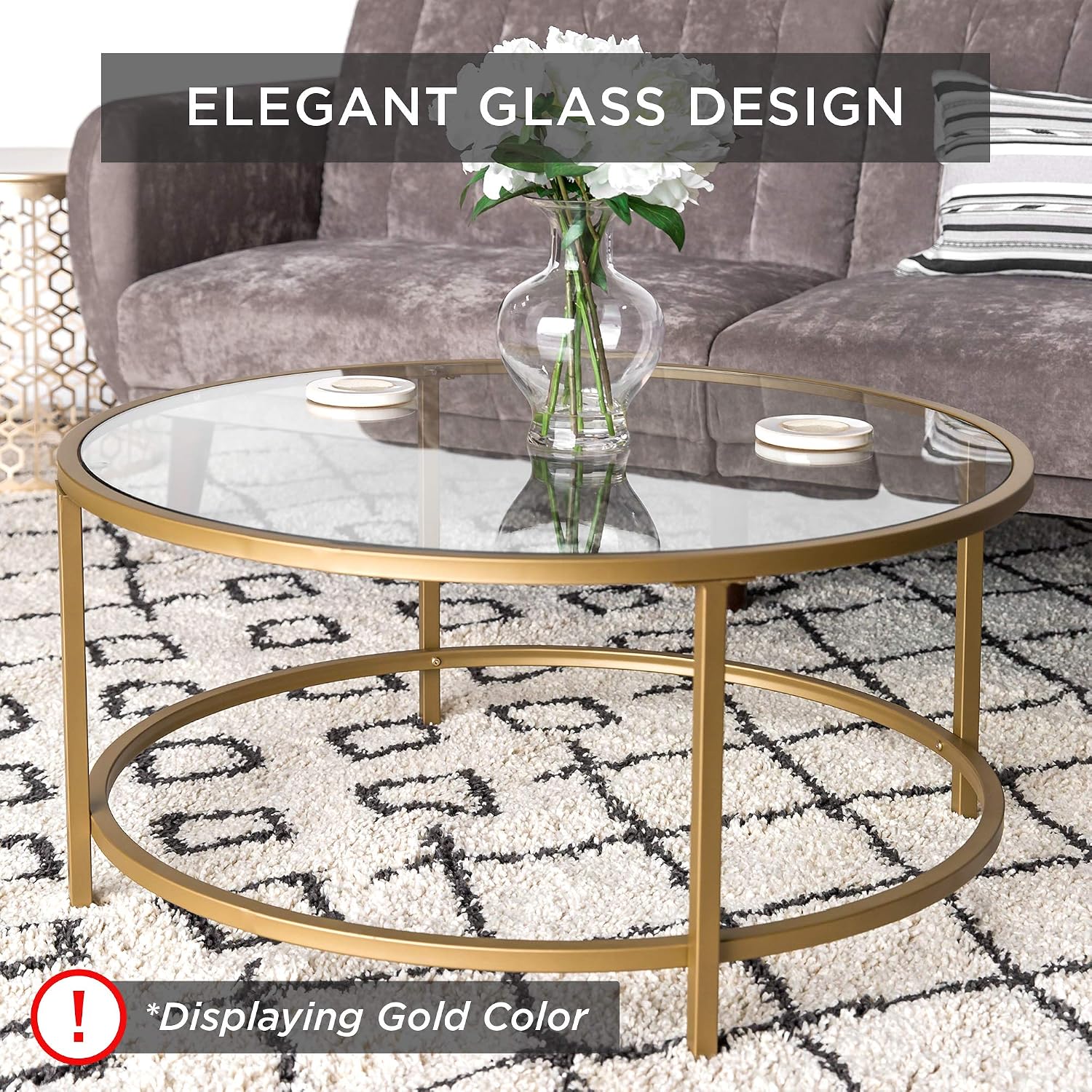 36" Gray Metal Frame Round Glass Coffee Table