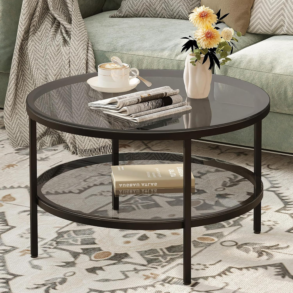 26" 2‑Tier Black Glass Round Coffee Table