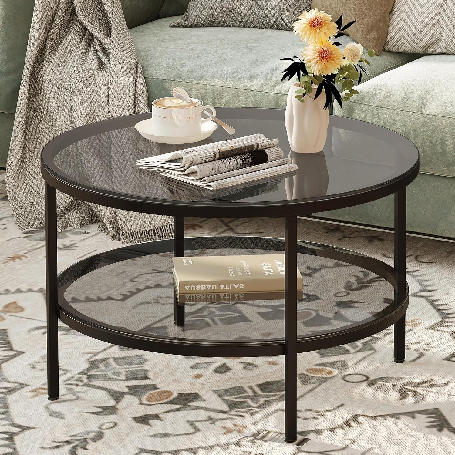 26" 2‑Tier Black Glass Round Coffee Table