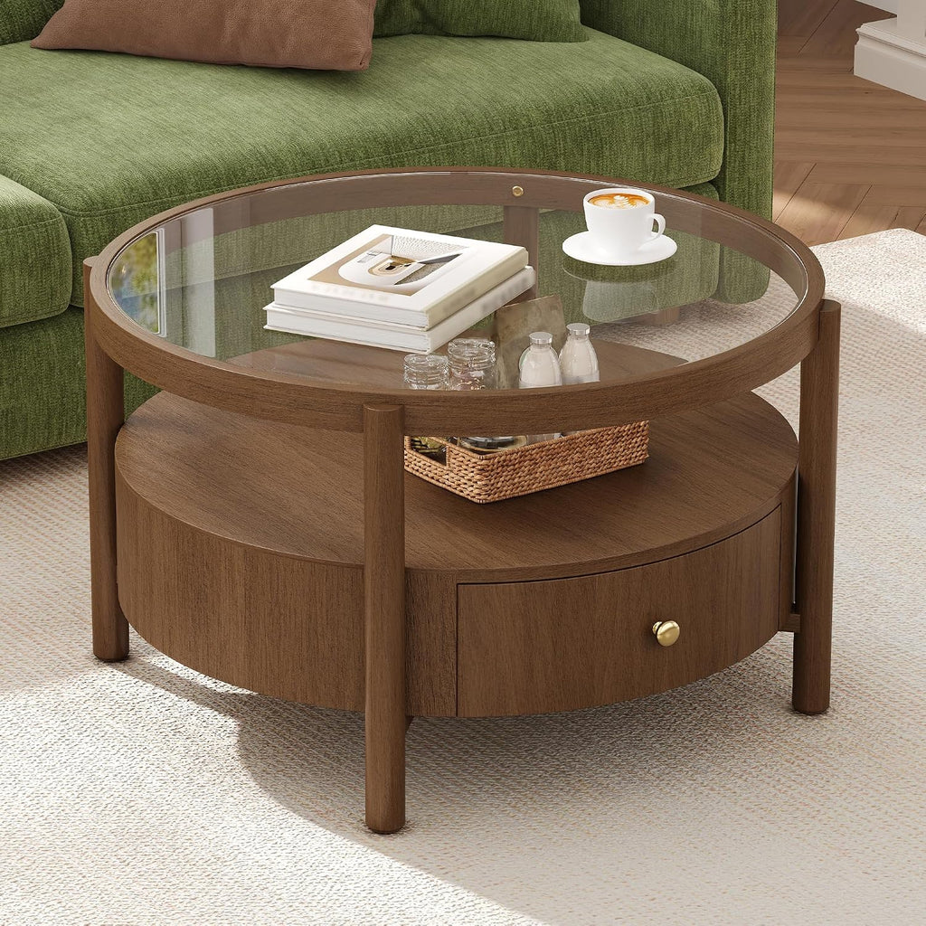 29.5" Walnut 2‑Tier Round Coffee Table