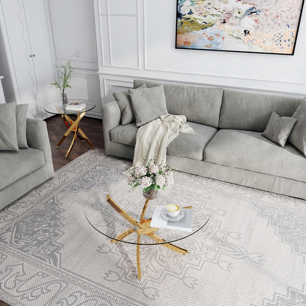 35.4" Gold Round Glass Coffee Table