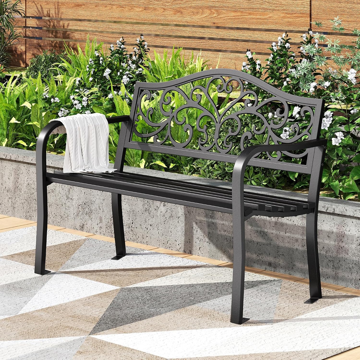 43" Black Cast Iron Garden Bench