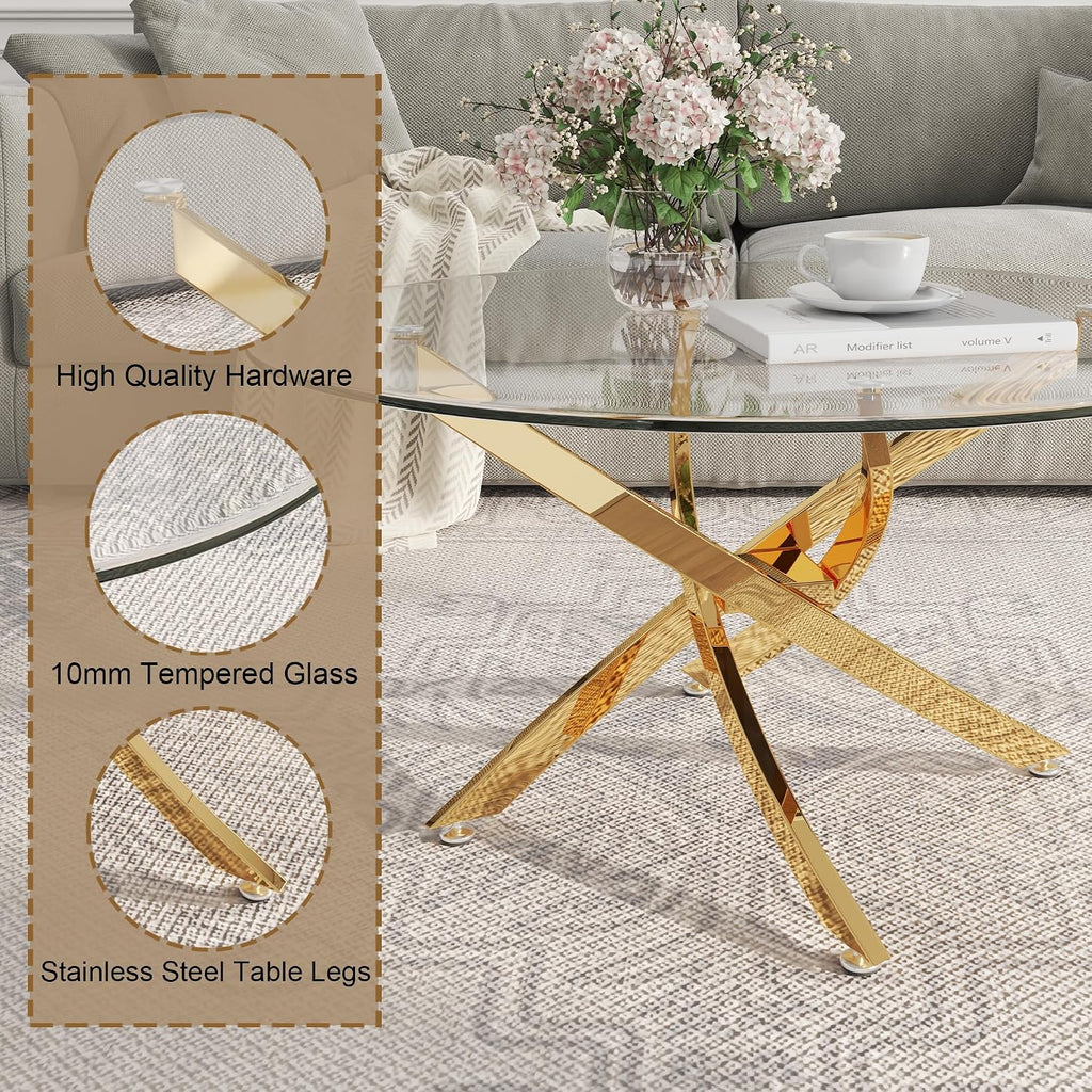 35.4" Gold Round Glass Coffee Table
