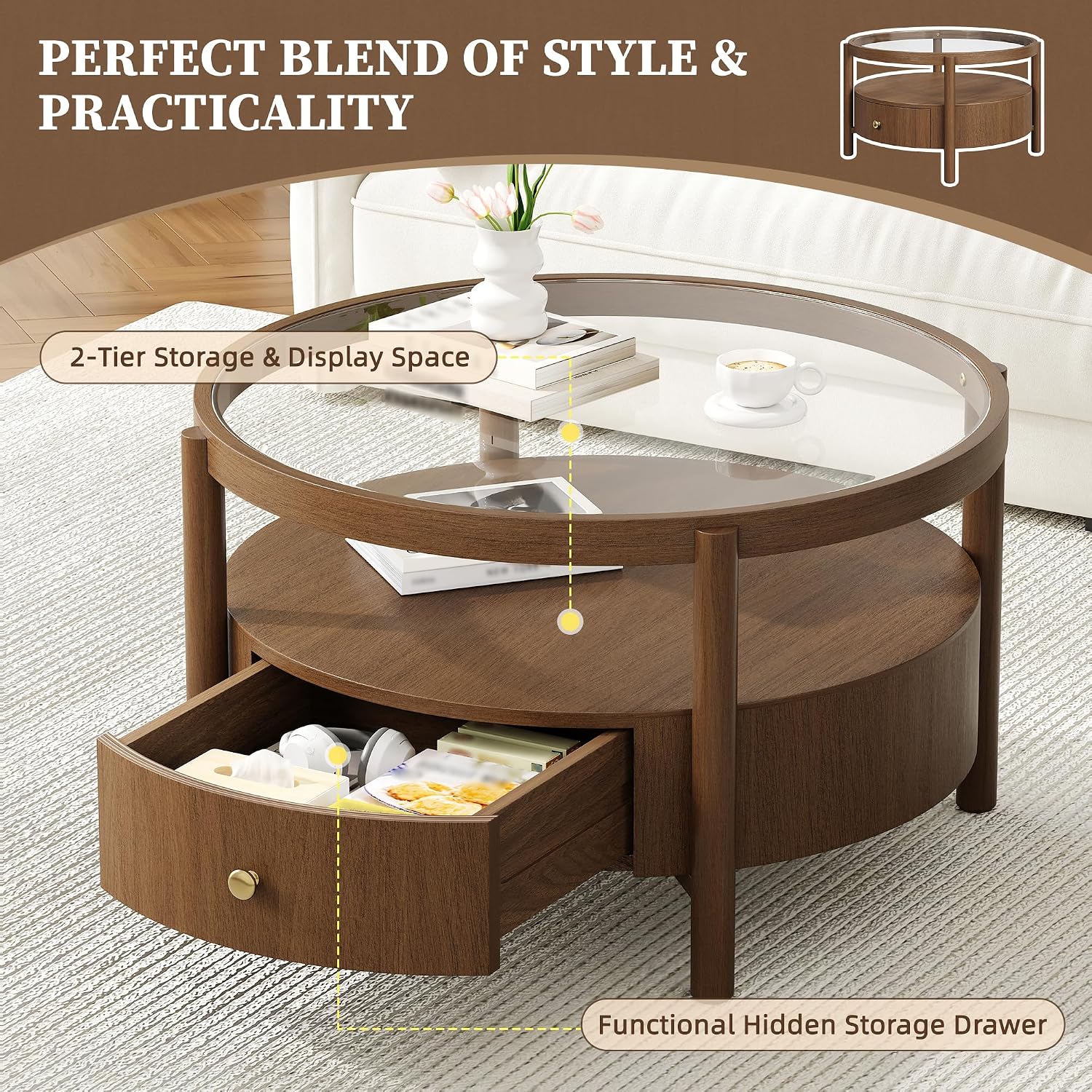 29.5" Walnut 2‑Tier Round Coffee Table
