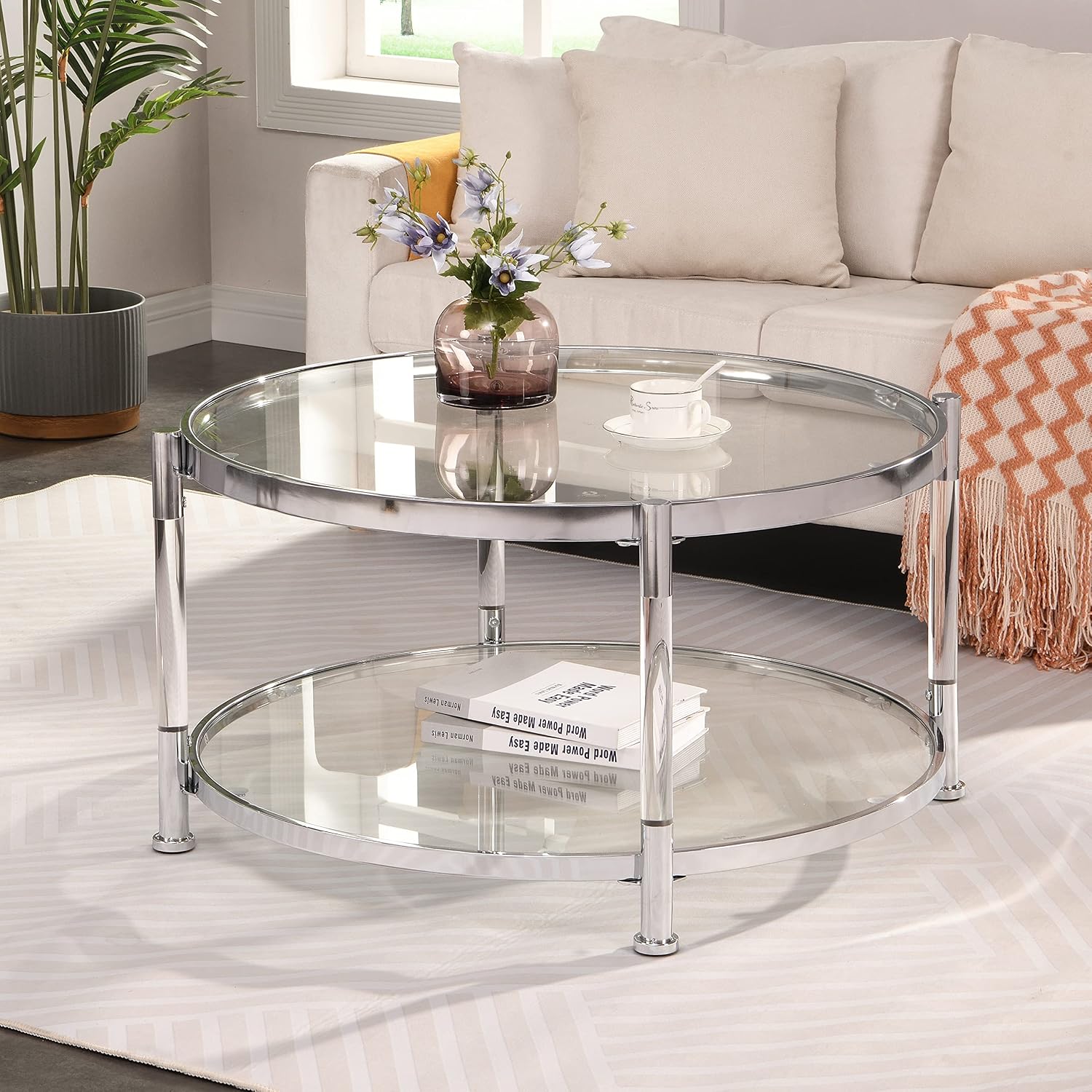 32" Round Tempered Glass Coffee Table Chrome Acrylic Legs