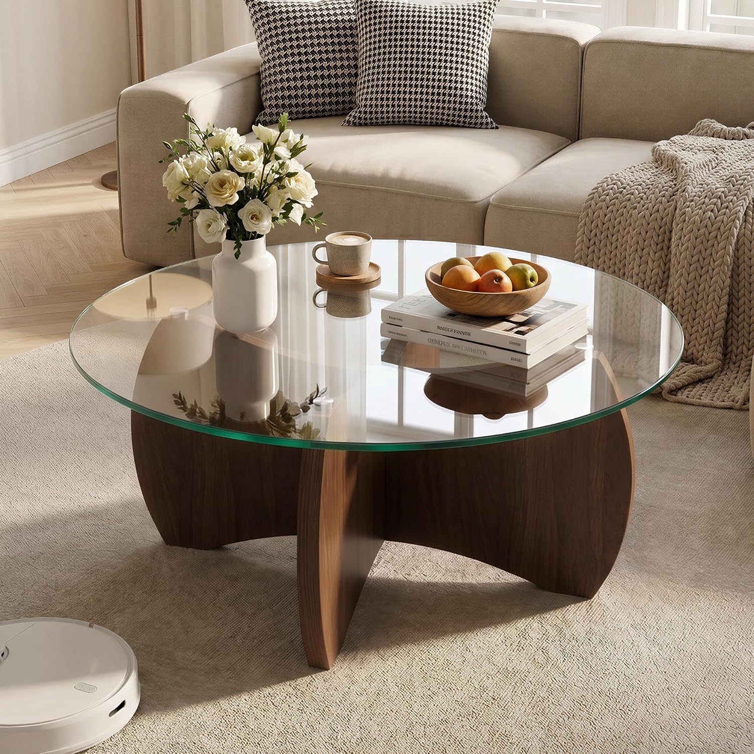 31.5" Walnut Base Round Tempered Glass Coffee Table
